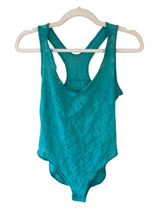 None Tops - Teal Floral Lace Racerback One-Piece Bodysuit Size XS or S Y2K Festival